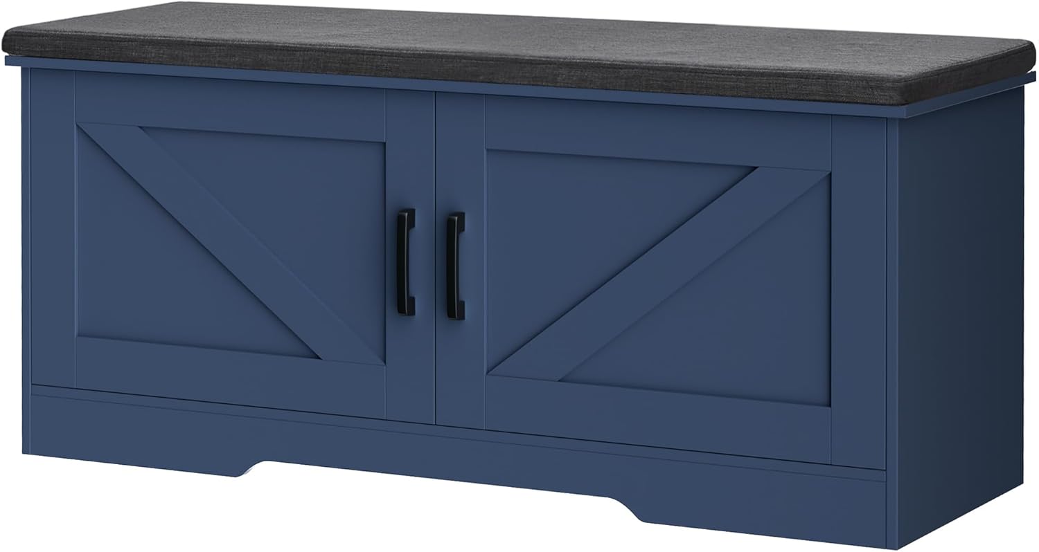 2-Tier Storage Bench, 39.4" Wide Shoe Bench with Padded Seat Cushion, Entryway Bench with 2 Barn Doors and Adjustable Shelf, Blue