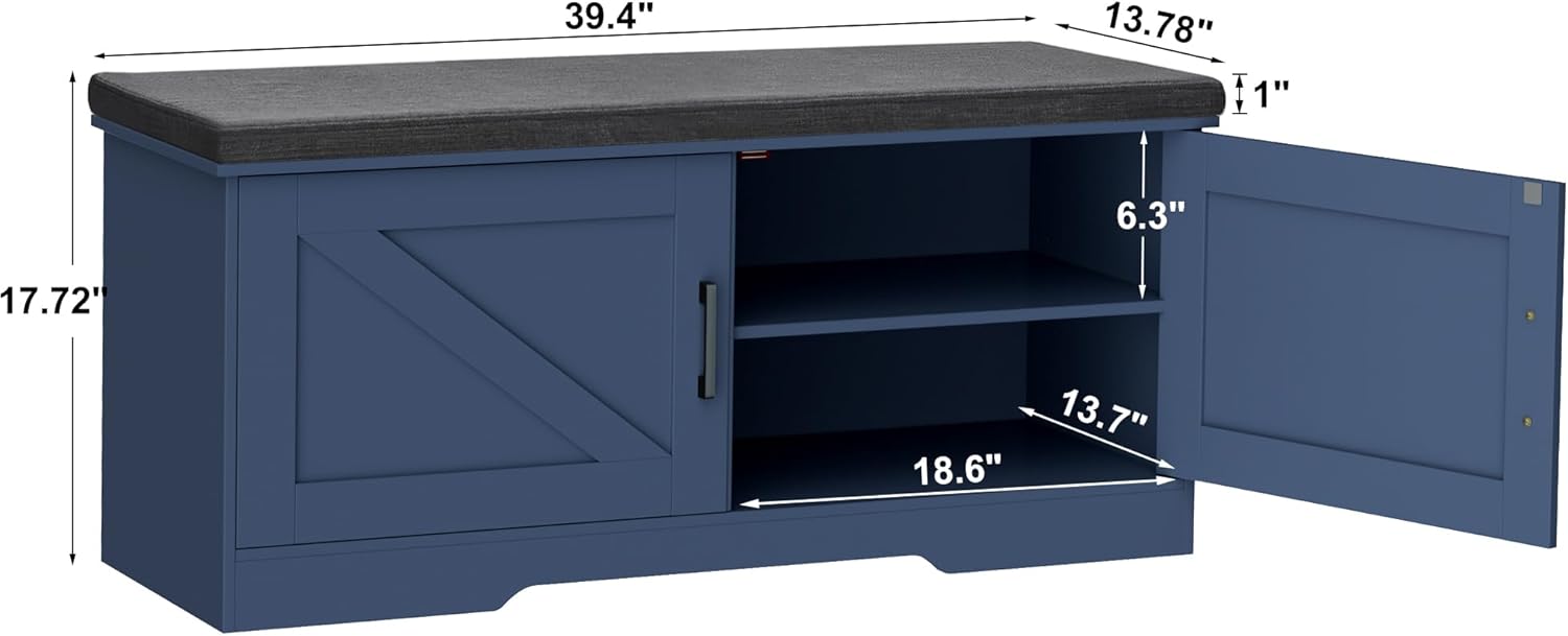 2-Tier Storage Bench, 39.4" Wide Shoe Bench with Padded Seat Cushion, Entryway Bench with 2 Barn Doors and Adjustable Shelf, Blue