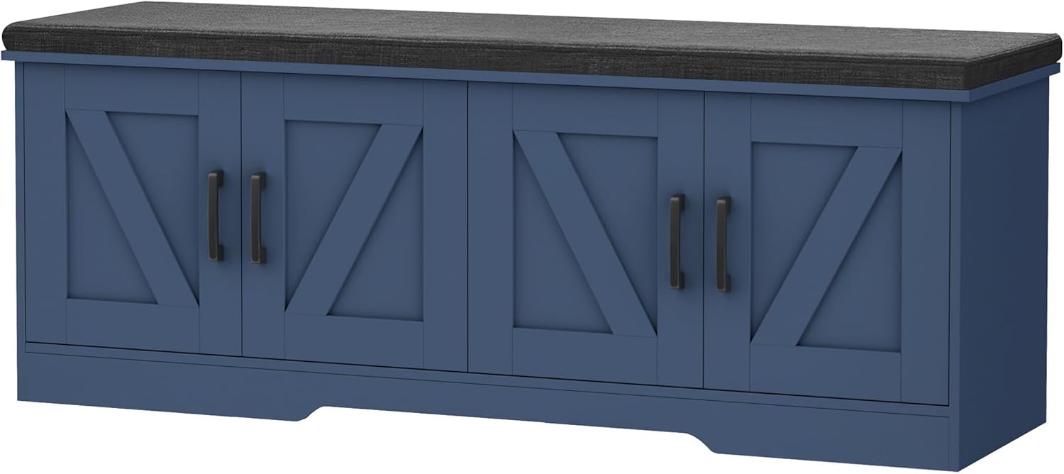 2-Tier Storage Bench, 39.4" Wide Shoe Bench with Padded Seat Cushion, Entryway Bench with 2 Barn Doors and Adjustable Shelf, Blue
