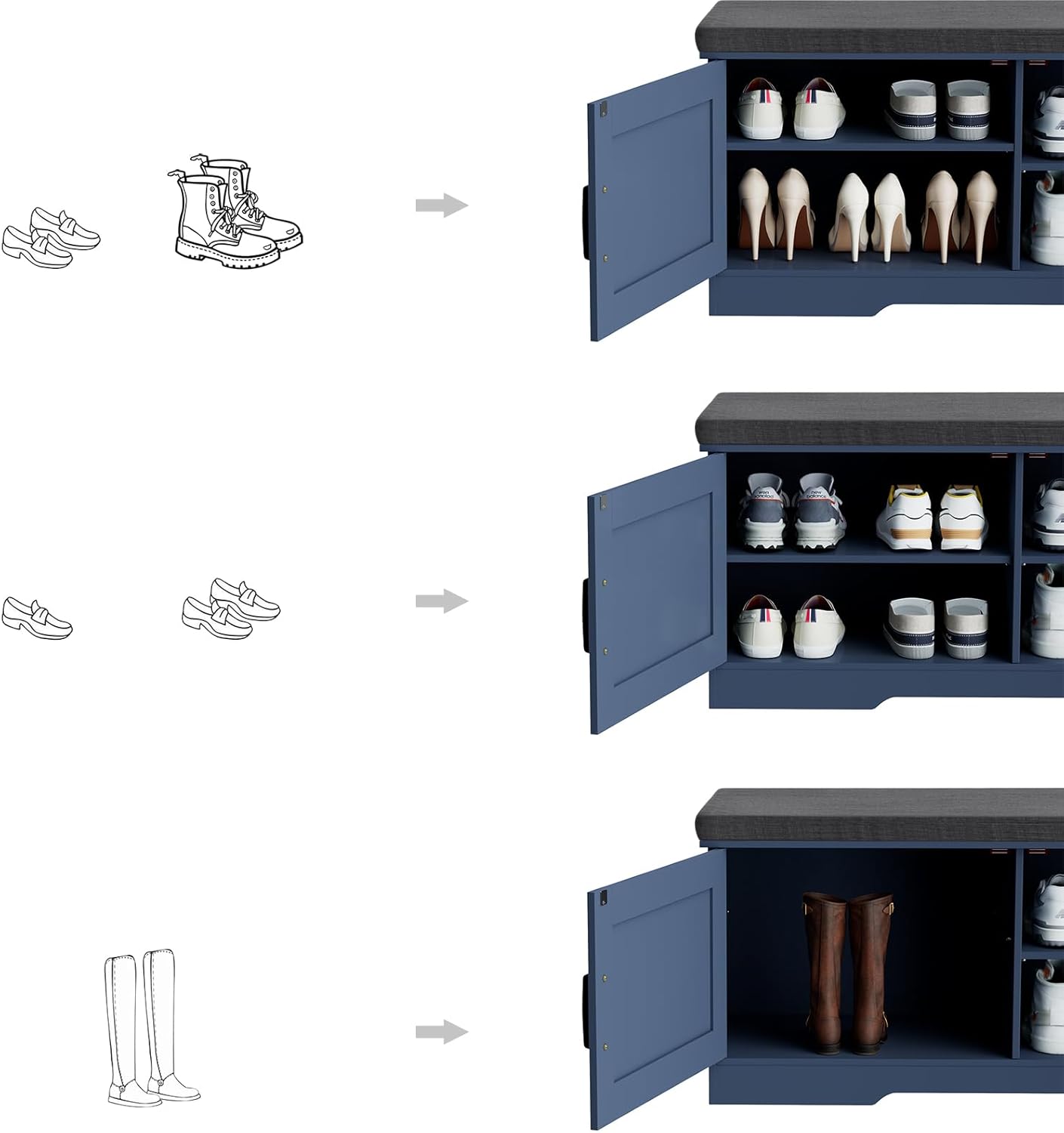2-Tier Storage Bench, 39.4" Wide Shoe Bench with Padded Seat Cushion, Entryway Bench with 2 Barn Doors and Adjustable Shelf, Blue