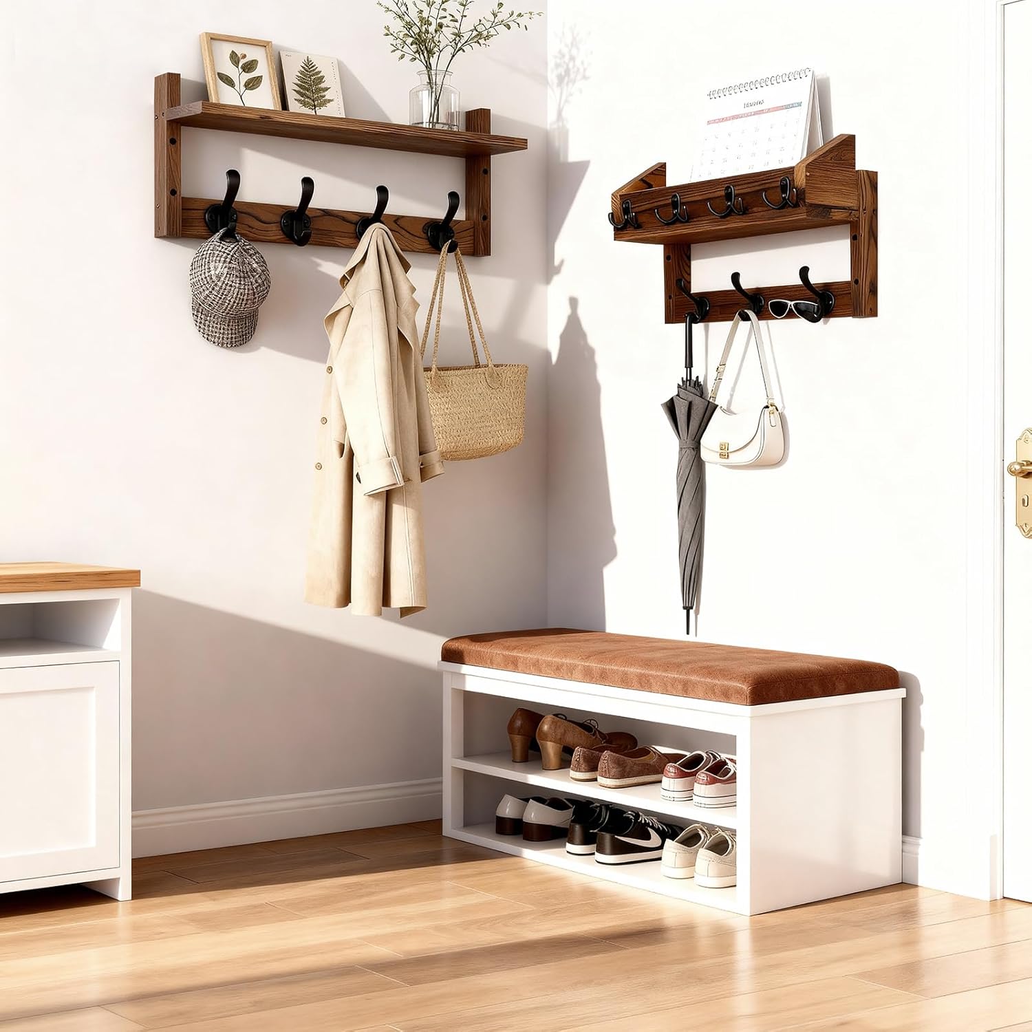 29" Wooden Wall Mounted Coat Rack with Shelf- 4-in-1 Entryway Organizer with 11 Hooks (7 Coat Hooks + 4 Key Hooks), Mail Holder & Display Shelf for Living Room, Bedroom (NOT Come Assembled)