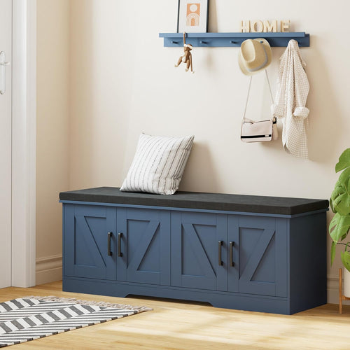 2-Tier Storage Bench, 47.2" Wide Shoe Bench with Padded Seat Cushion, Entryway Bench with 4 Barn Doors and Adjustable Shelf, Blue