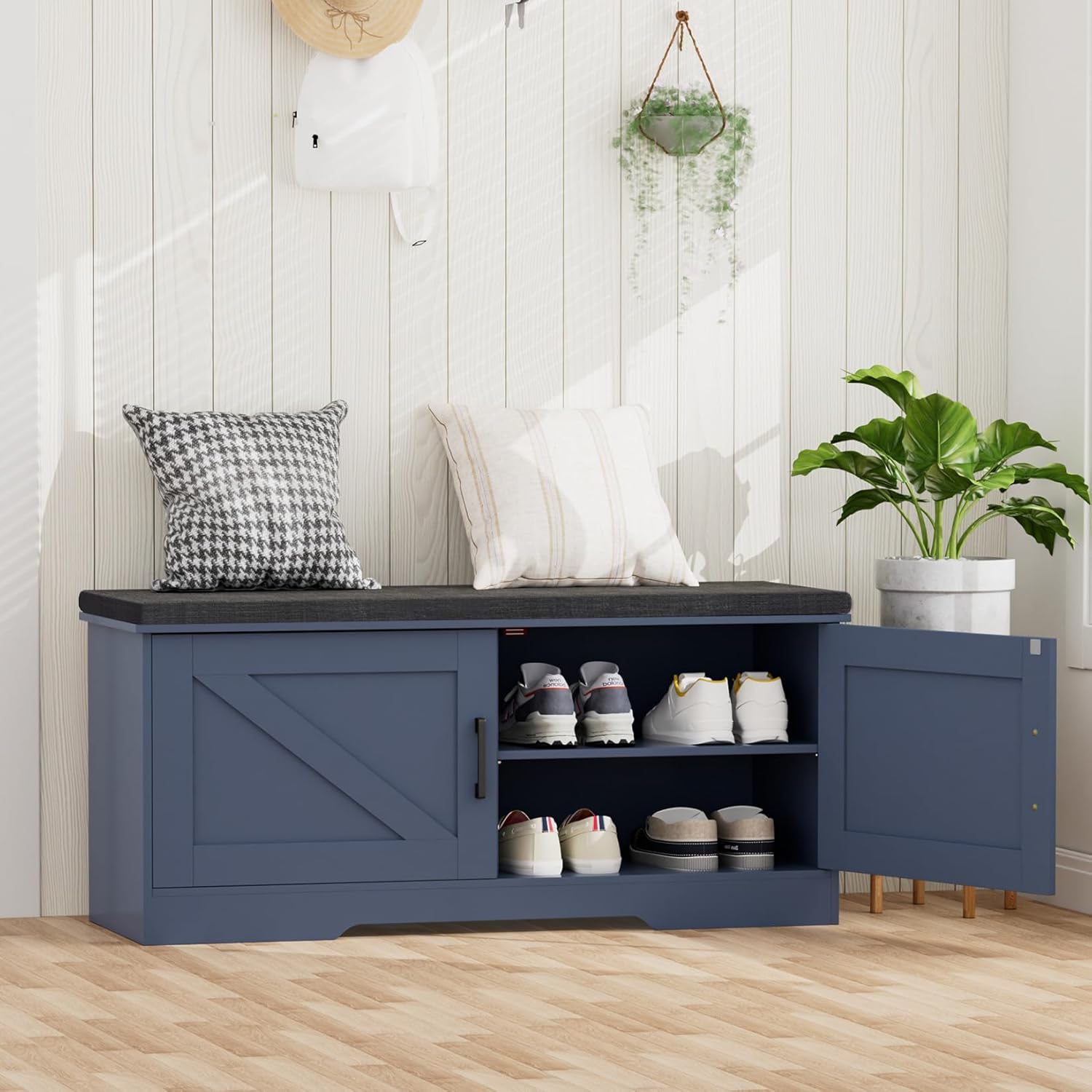2-Tier Storage Bench, 39.4" Wide Shoe Bench with Padded Seat Cushion, Entryway Bench with 2 Barn Doors and Adjustable Shelf, Blue