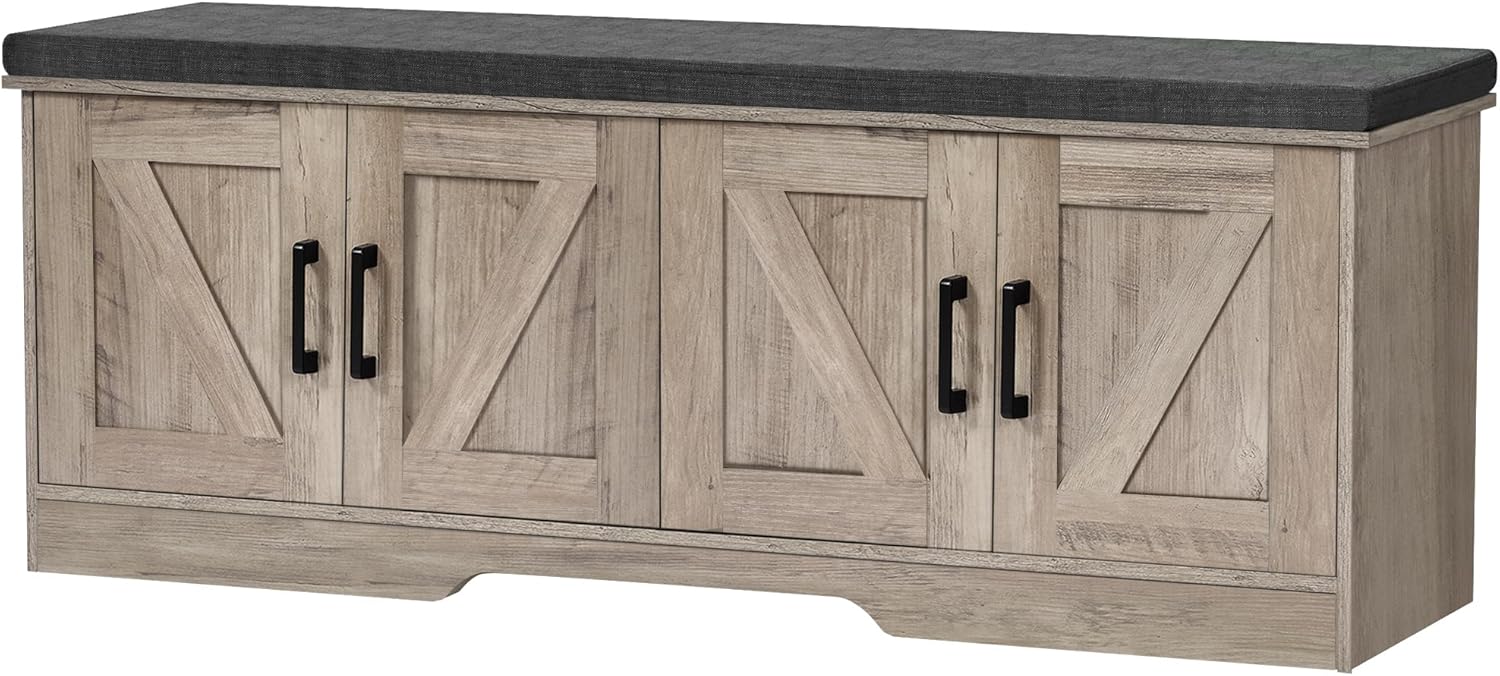 2-Tier Storage Bench, 39.4" Wide Shoe Bench with Padded Seat Cushion, Entryway Bench with 2 Barn Doors and Adjustable Shelf, Blue