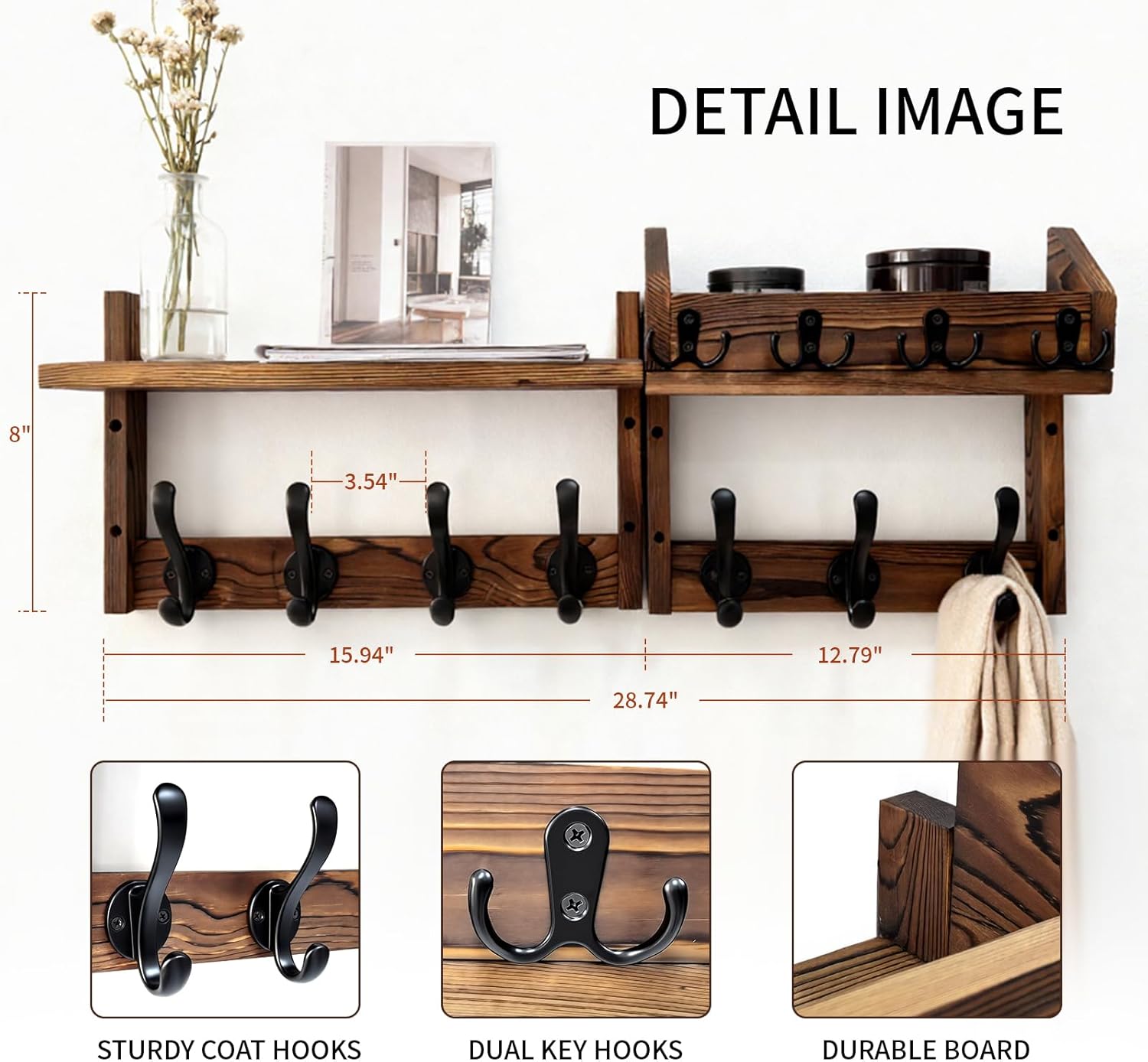 29" Wooden Wall Mounted Coat Rack with Shelf- 4-in-1 Entryway Organizer with 11 Hooks (7 Coat Hooks + 4 Key Hooks), Mail Holder & Display Shelf for Living Room, Bedroom (NOT Come Assembled)