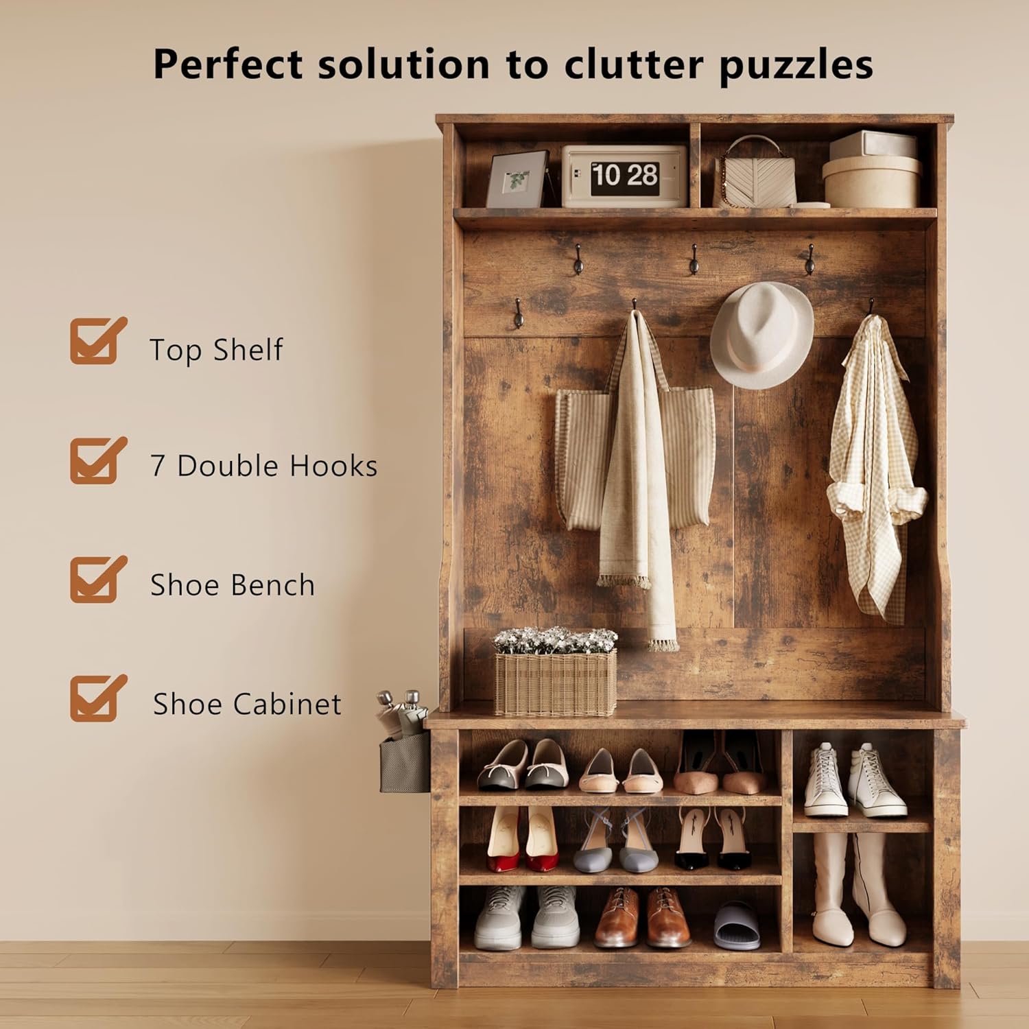 Aiho Entryway Hall Tree with Bench and Storage, 3-in-1 Hall Tree with Coat Rack, Adjustable Shoe Bench, 2-Tier top Storage, for Hallway, Entryway, Bedroom, Rustic Brown