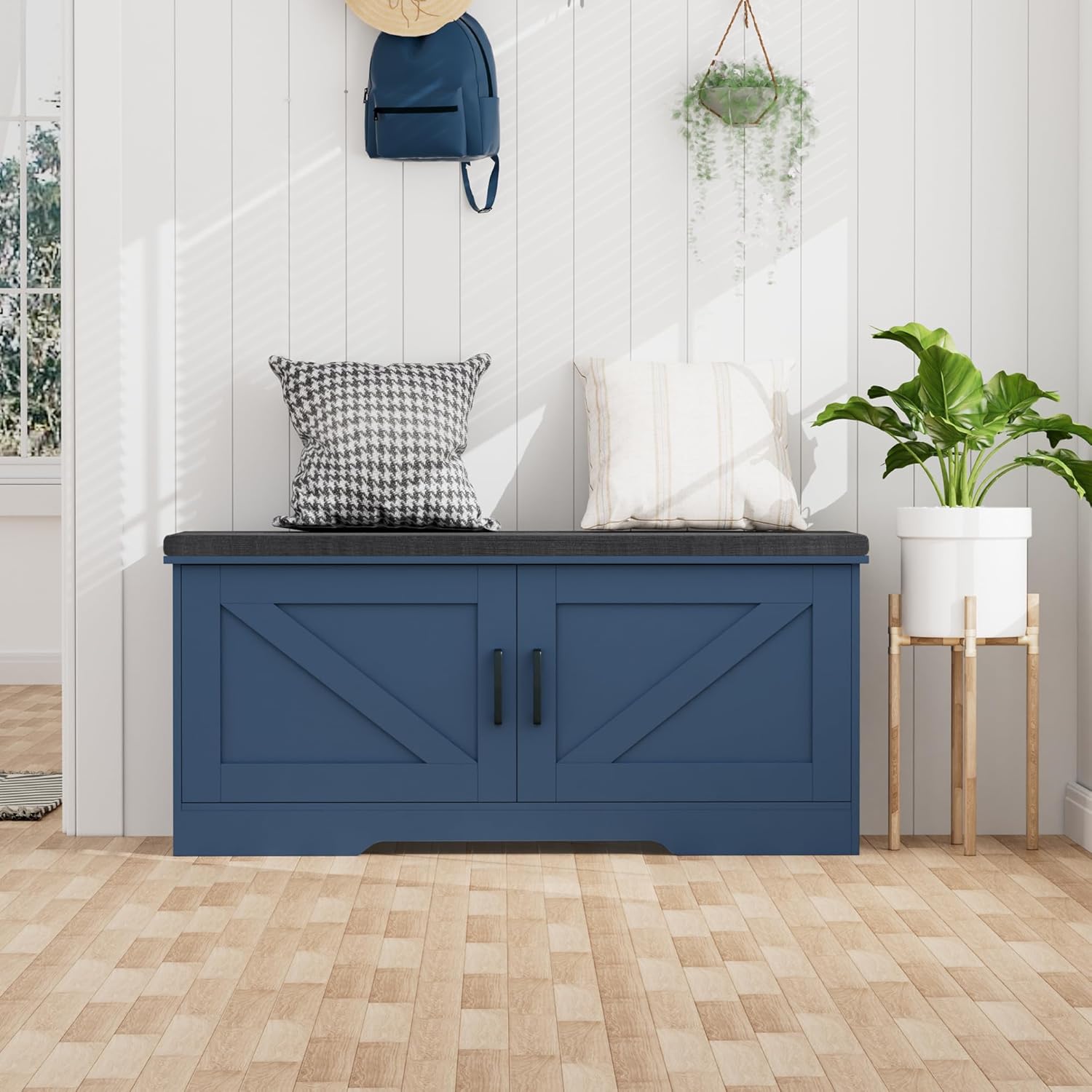 2-Tier Storage Bench, 39.4" Wide Shoe Bench with Padded Seat Cushion, Entryway Bench with 2 Barn Doors and Adjustable Shelf, Blue