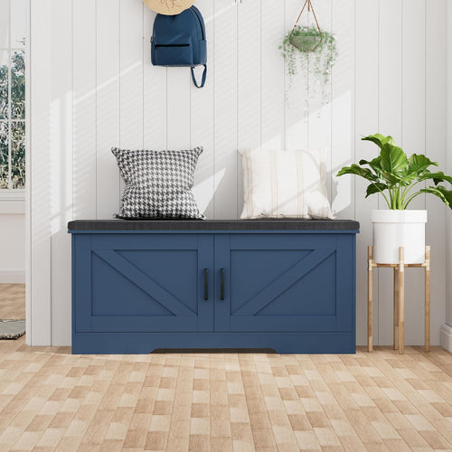 2-Tier Storage Bench, 39.4" Wide Shoe Bench with Padded Seat Cushion, Entryway Bench with 2 Barn Doors and Adjustable Shelf, Blue