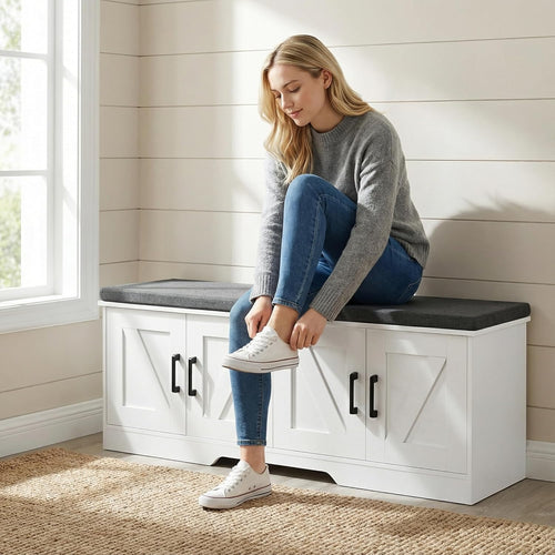2-Tier Storage Bench, 47.2" Wide Shoe Bench with Padded Seat Cushion, Entryway Bench with 4 Barn Doors and Adjustable Shelf, White