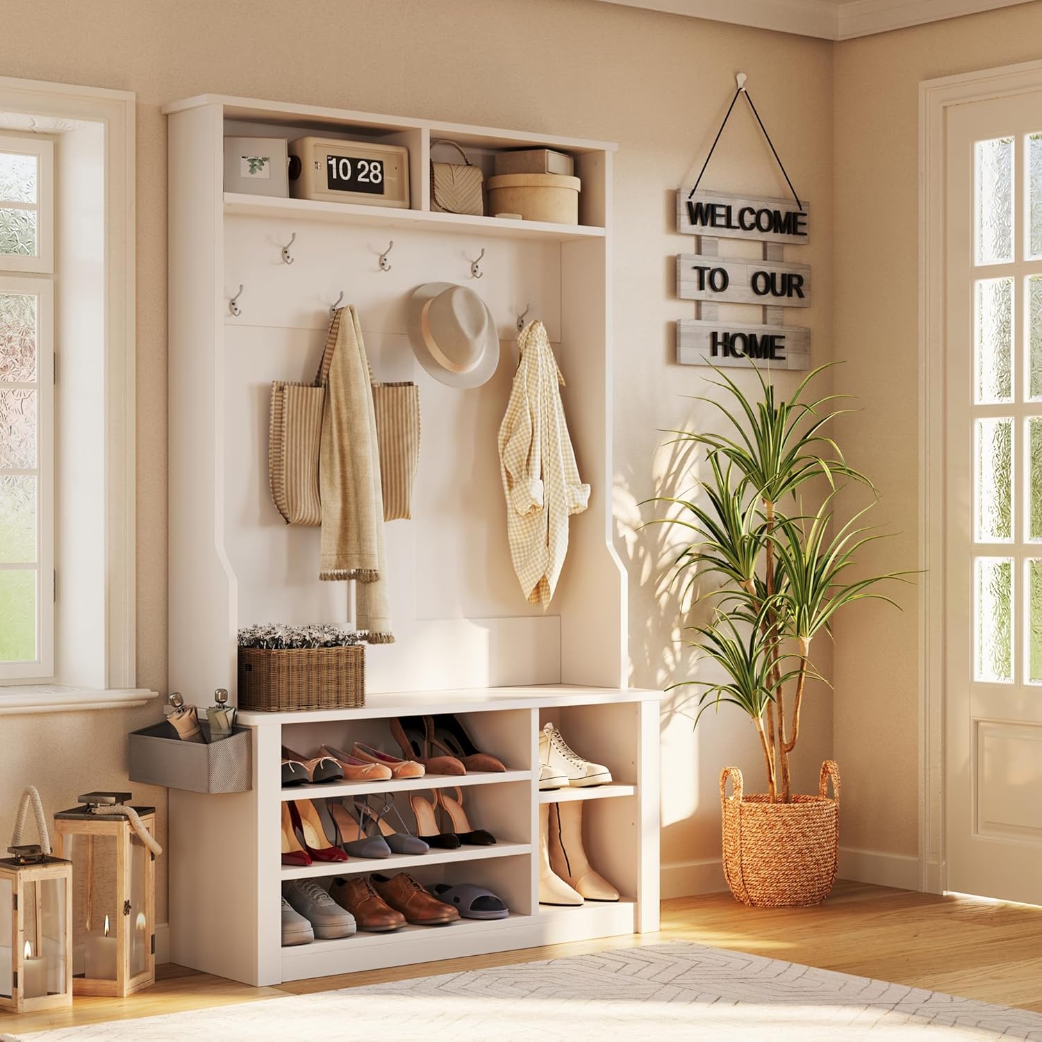 Aiho Entryway Hall Tree with Bench and Storage, 3-in-1 Hall Tree with Coat Rack, Adjustable Shoe Bench, 2-Tier top Storage, for Hallway, Entryway, Bedroom, Rustic Brown